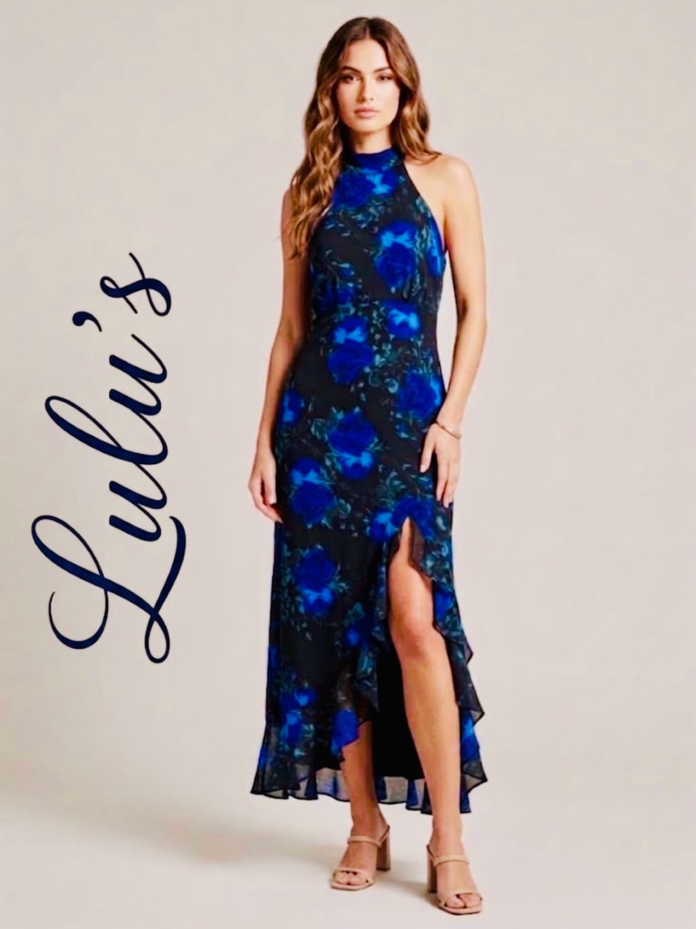 Lulus Black & Blue Rose Floral Halter High-Low Midi Dress Ruffle Slit Size M
